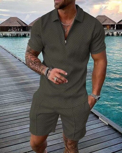 NOUVEAU RICHE Zweiteiliges Herren Sommerset Poloshirt Und Shorts Komfort Armeegrün