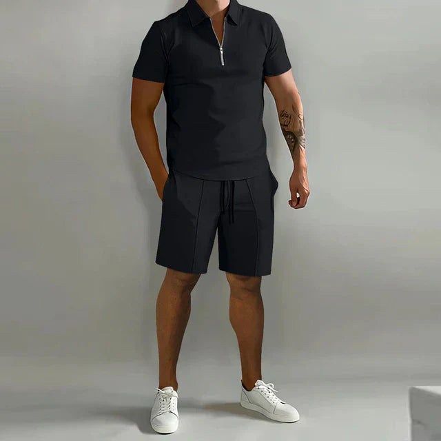 NOUVEAU RICHE Luxus Sommer Set Für Herren Poloshirt Und Shorts Elegant schwarz