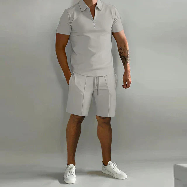 NOUVEAU RICHE Luxus Sommer Set Für Herren Poloshirt Und Shorts Elegant Grau