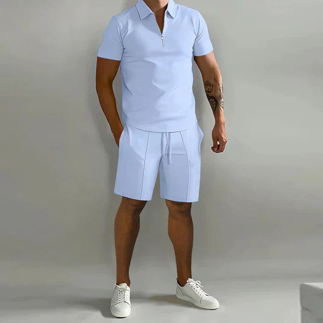 NOUVEAU RICHE Luxus Sommer Set Für Herren Poloshirt Und Shorts Elegant hellblau