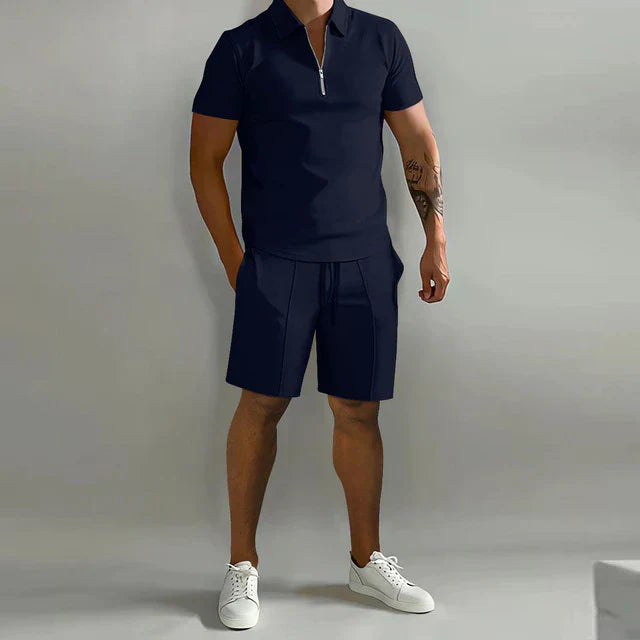 NOUVEAU RICHE Luxus Sommer Set Für Herren Poloshirt Und Shorts Elegant Marineblau