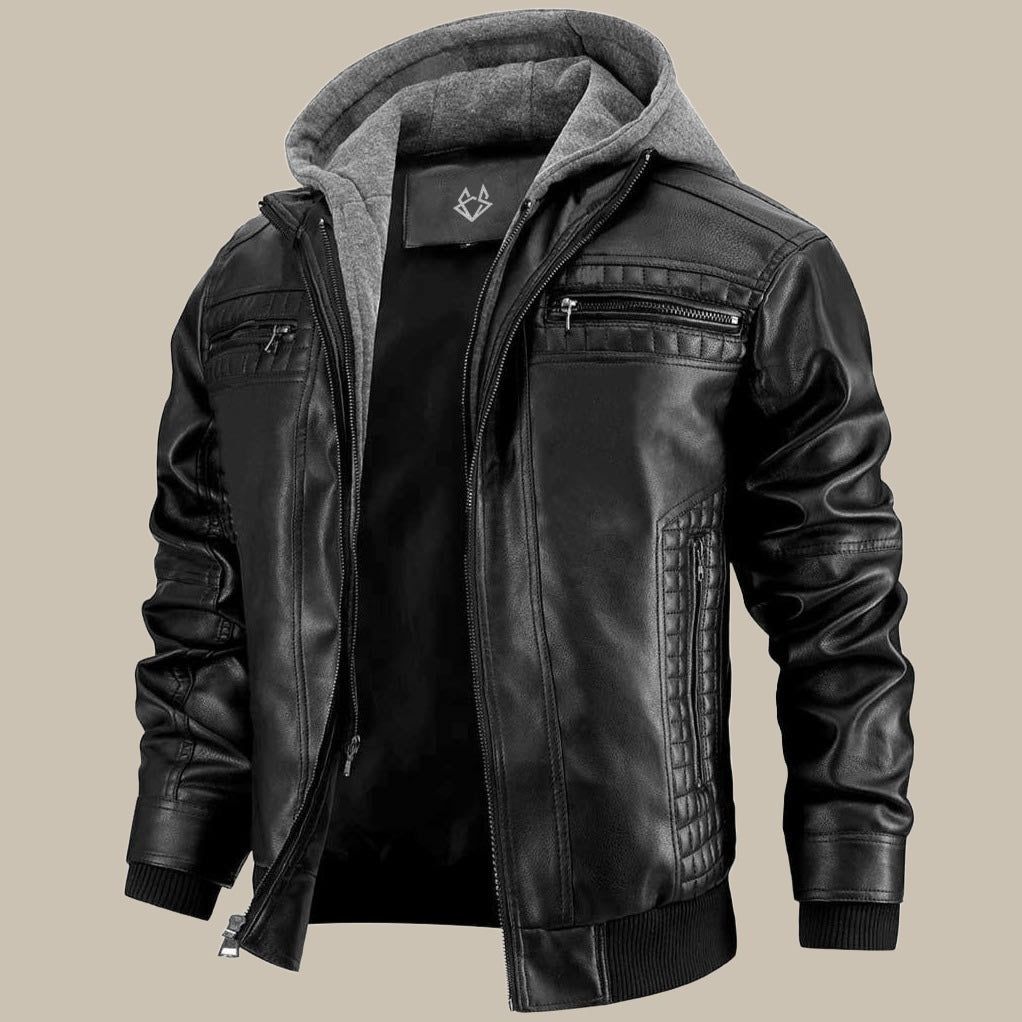 NOUVEAU RICHE Lederjacke mit Kapuze Herren Schwarz Großgrößen Modern Schwarz