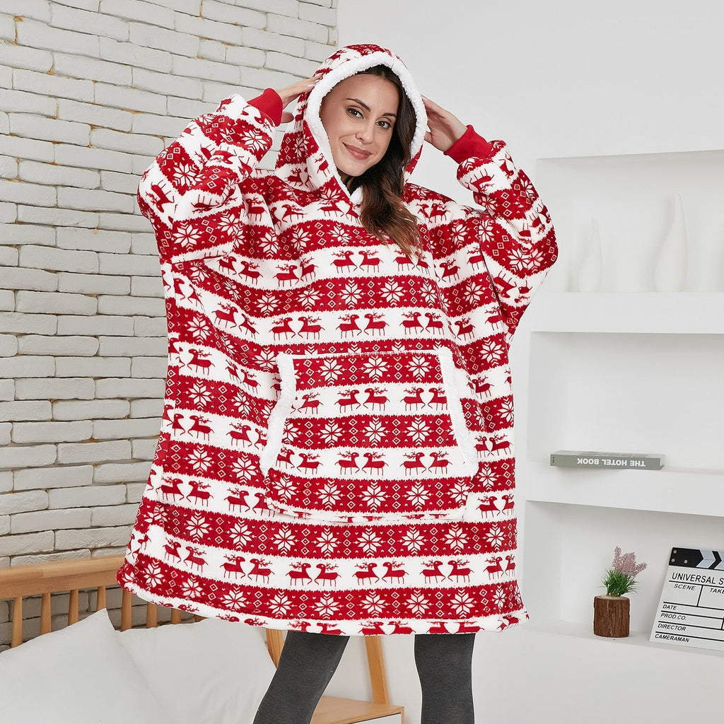 NOUVEAU RICHE Hoodie & Decke in Einem – Oversize Decke mit Ärmeln & Kapuze für Damen, Weicher Fleece mit Kängurutasche, 12 Farben – Luna Rot Reh