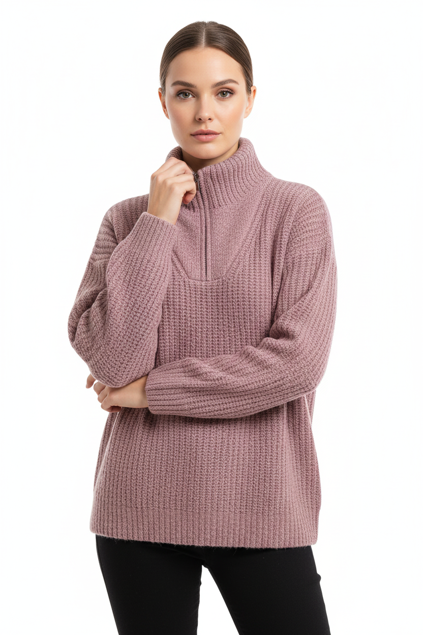 Damen Halb-Reißverschluss-Pullover Schnitt Lange Ärmel Reißverschluss-Detail