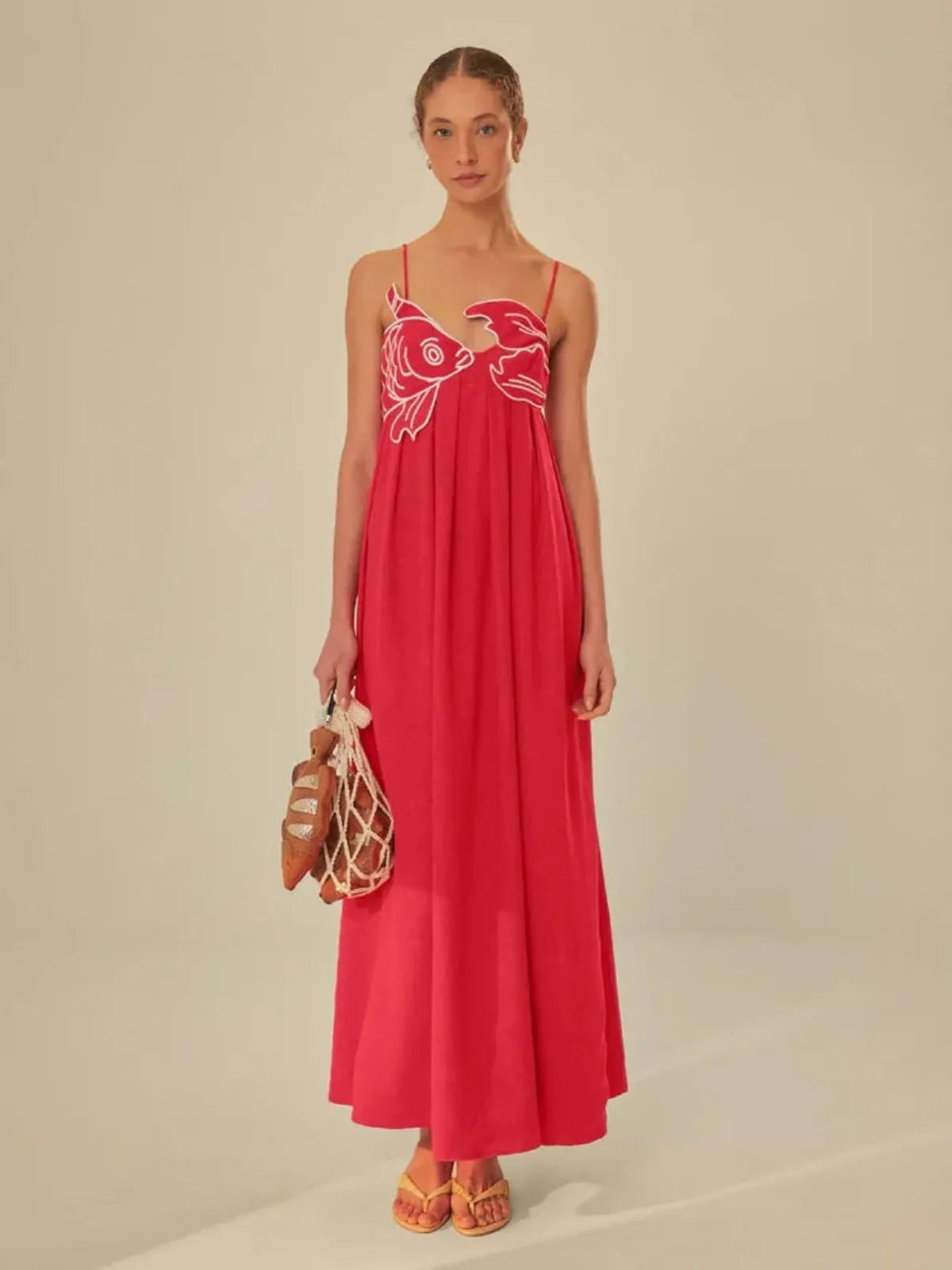 NOUVEAU RICHE Halbtransparentes Maxikleid Mit Fischstickerei Für Sommer Rot