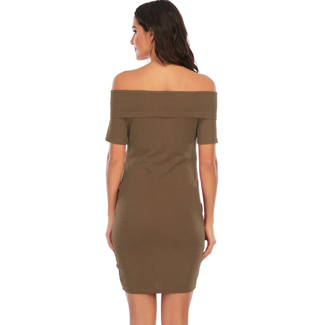 NOUVEAU RICHE Chantal Umstandskleid – Schulterfreies Schwangerschaftskleid, Figurbetont, Kurz über dem Knie, 5 Farben, S–2XL – Parsha