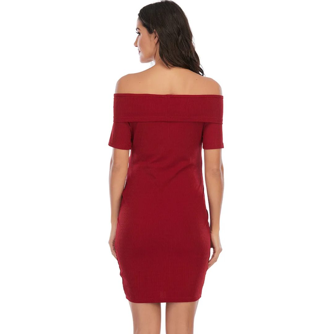 NOUVEAU RICHE Chantal Umstandskleid – Schulterfreies Schwangerschaftskleid, Figurbetont, Kurz über dem Knie, 5 Farben, S–2XL – Parsha