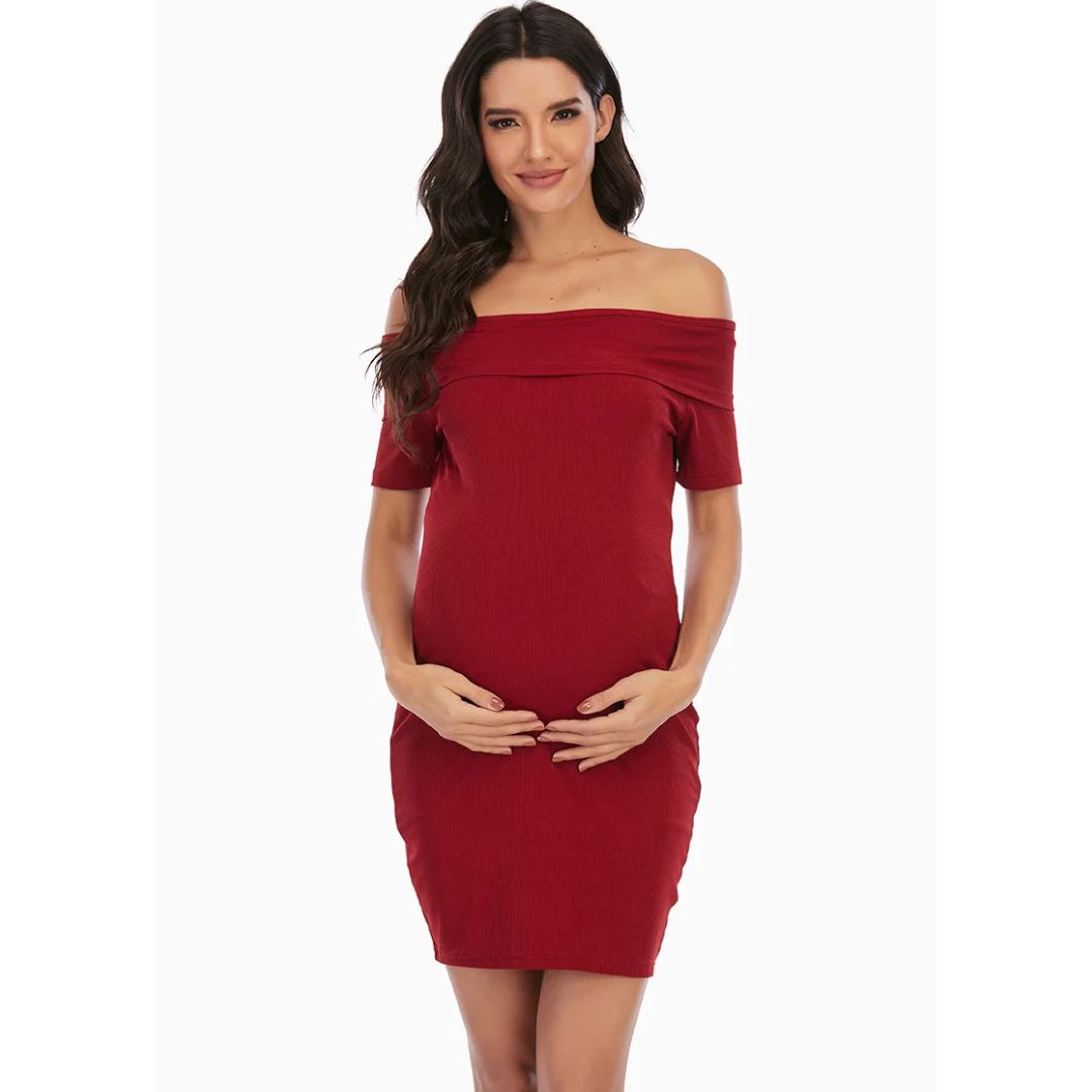NOUVEAU RICHE Chantal Umstandskleid – Schulterfreies Schwangerschaftskleid, Figurbetont, Kurz über dem Knie, 5 Farben, S–2XL – Parsha