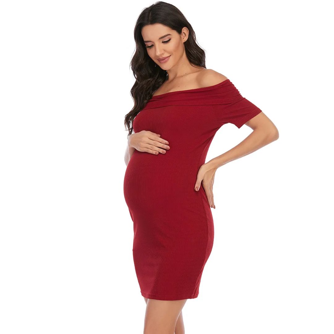 NOUVEAU RICHE Chantal Umstandskleid – Schulterfreies Schwangerschaftskleid, Figurbetont, Kurz über dem Knie, 5 Farben, S–2XL – Parsha