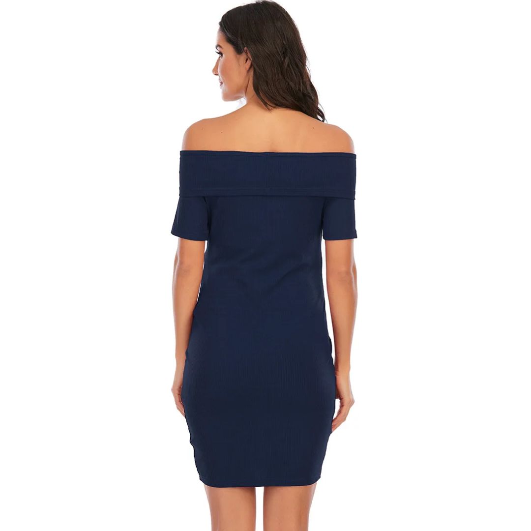 NOUVEAU RICHE Chantal Umstandskleid – Schulterfreies Schwangerschaftskleid, Figurbetont, Kurz über dem Knie, 5 Farben, S–2XL – Parsha