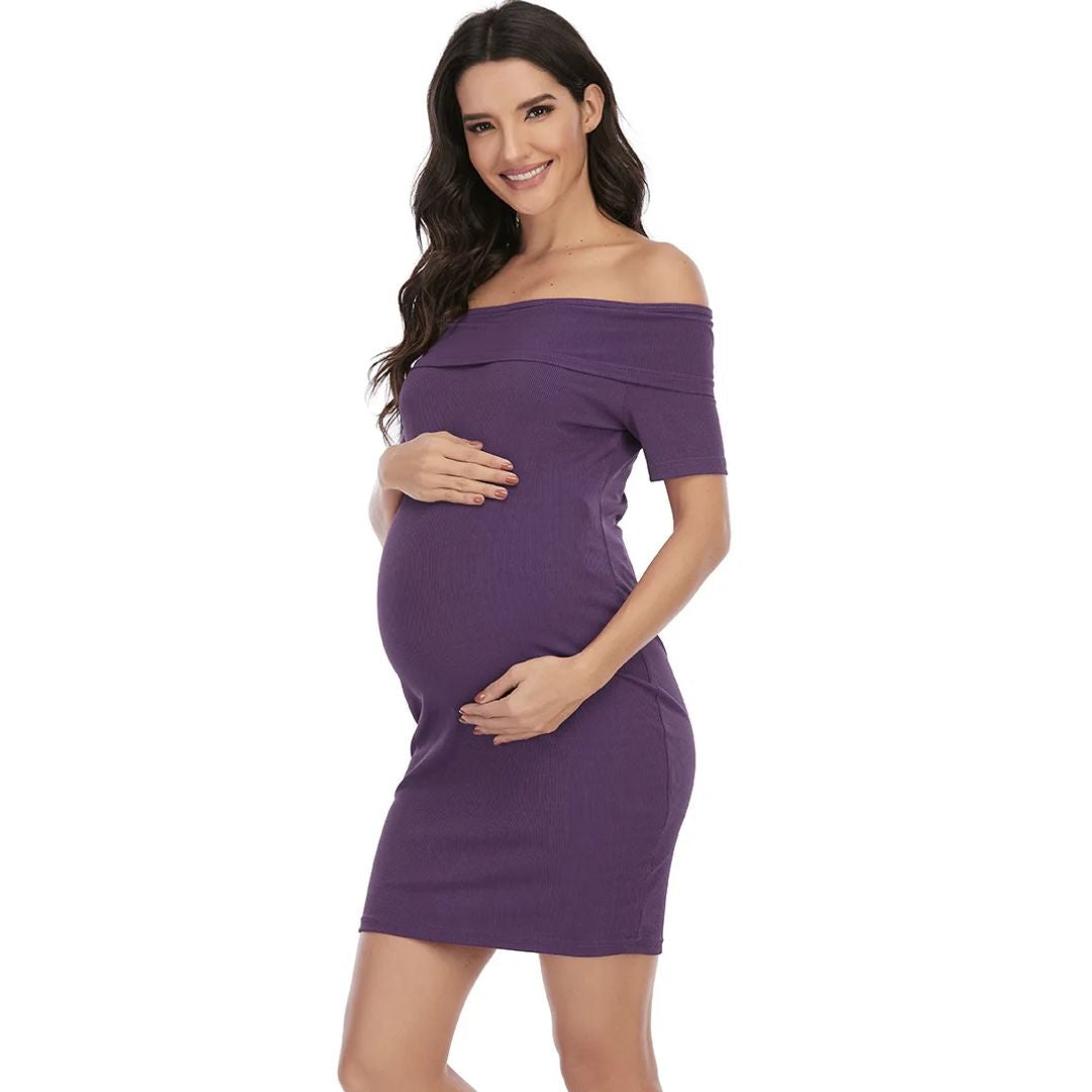 NOUVEAU RICHE Chantal Umstandskleid – Schulterfreies Schwangerschaftskleid, Figurbetont, Kurz über dem Knie, 5 Farben, S–2XL – Parsha Lila
