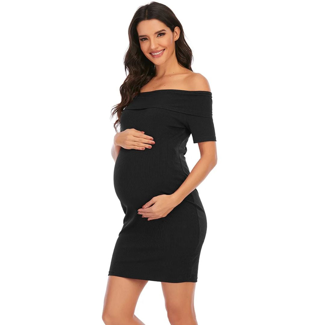 NOUVEAU RICHE Chantal Umstandskleid – Schulterfreies Schwangerschaftskleid, Figurbetont, Kurz über dem Knie, 5 Farben, S–2XL – Parsha Schwarz