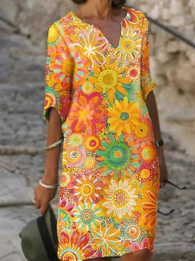 NOUVEAU RICHE Zahara | Kleid mit V-Ausschnitt und Blumendruck Gelb