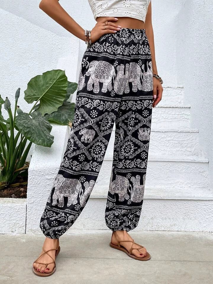 NOUVEAU RICHE Haremshose für Damen mit Bohemian Elefanten Print in Lockere Passform mit Elastischer Taille und Bündchen für Bequemen Tragekomfort Bohemia 4