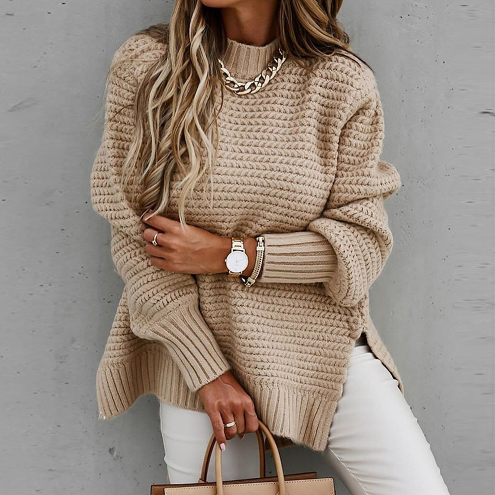 NOUVEAU RICHE Flōre | Damen Eleganter Pullover mit Stehkragen - Feinstrick Herbstpullover & Mock Neck