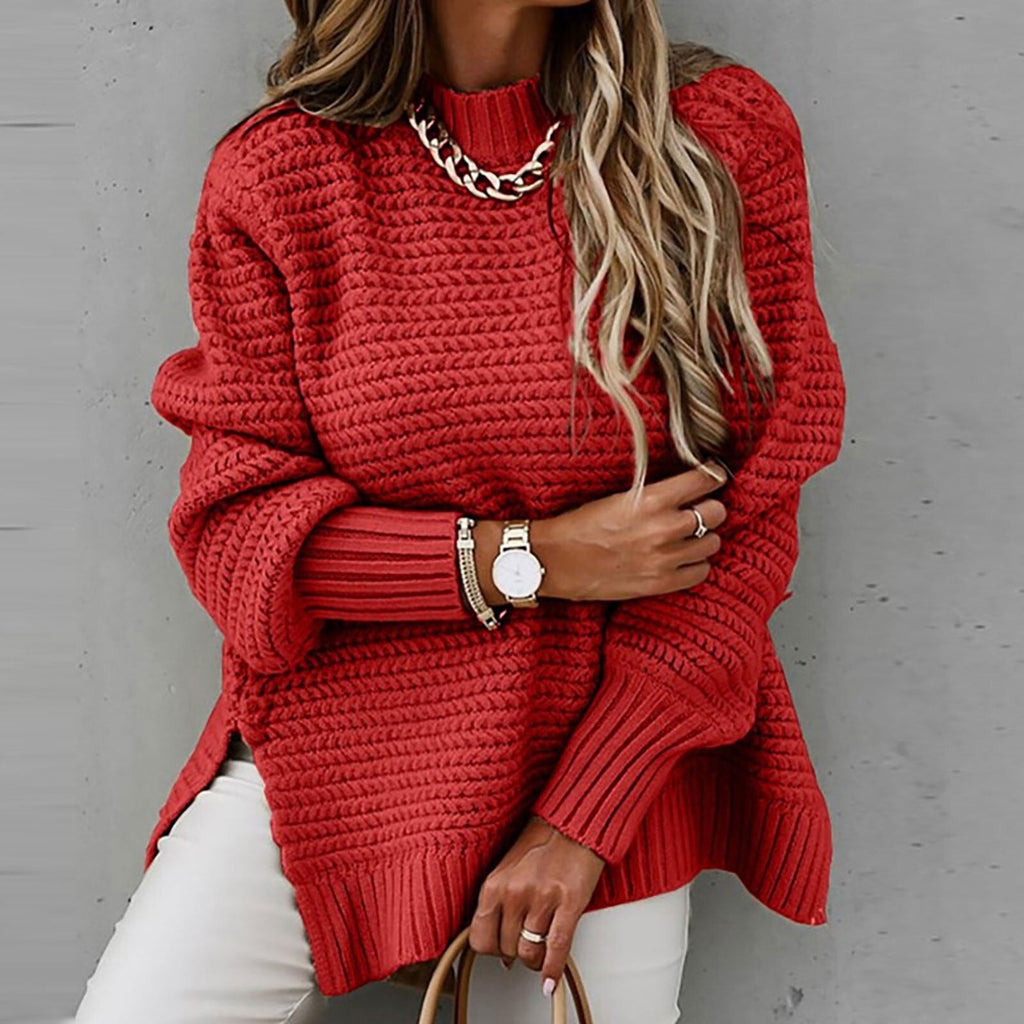 NOUVEAU RICHE Flōre | Damen Eleganter Pullover mit Stehkragen - Feinstrick Herbstpullover & Mock Neck Rot