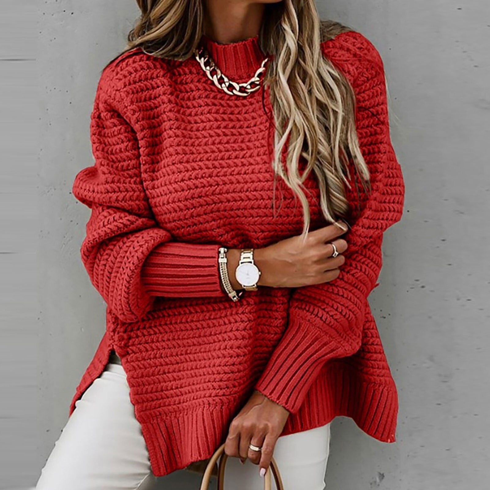 NOUVEAU RICHE Flōre | Damen Eleganter Pullover mit Stehkragen - Feinstrick Herbstpullover & Mock Neck Rot