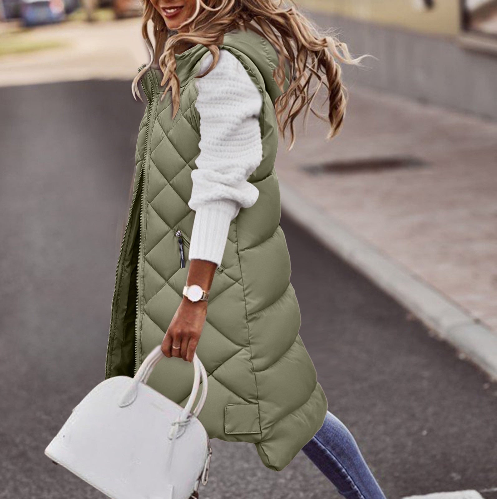 NOUVEAU RICHE Damen Lange Steppweste – Stylische Puffer-Weste mit Kapuze für den Herbst Olivgrün