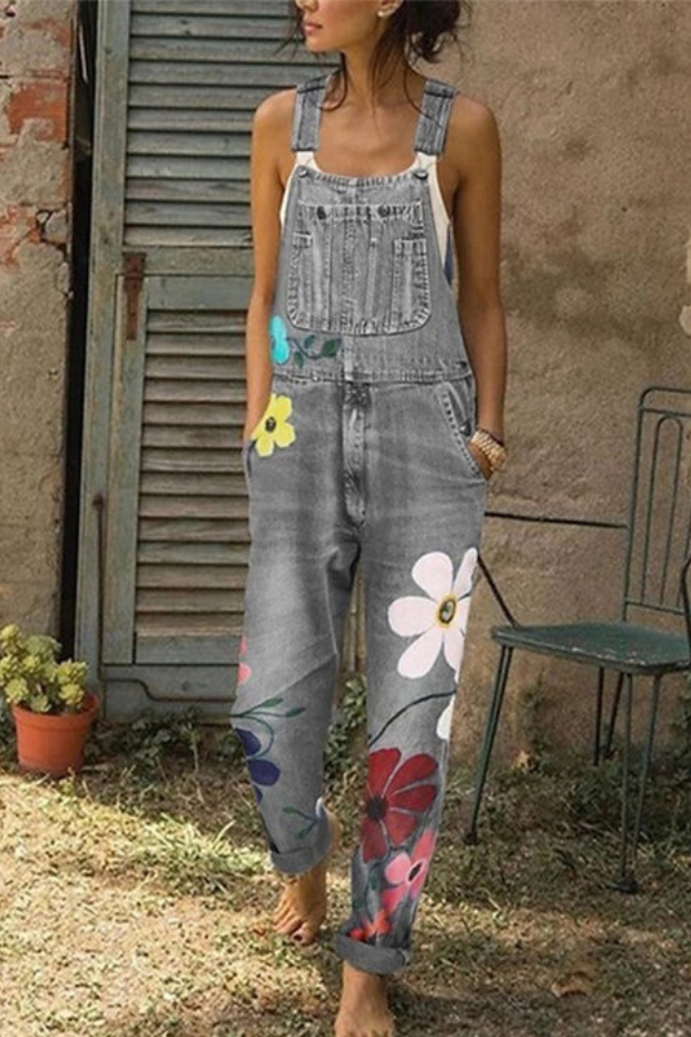 NOUVEAU RICHE Ärmelloser Vintage Denim Overall Mit Blumenstickerei Grau
