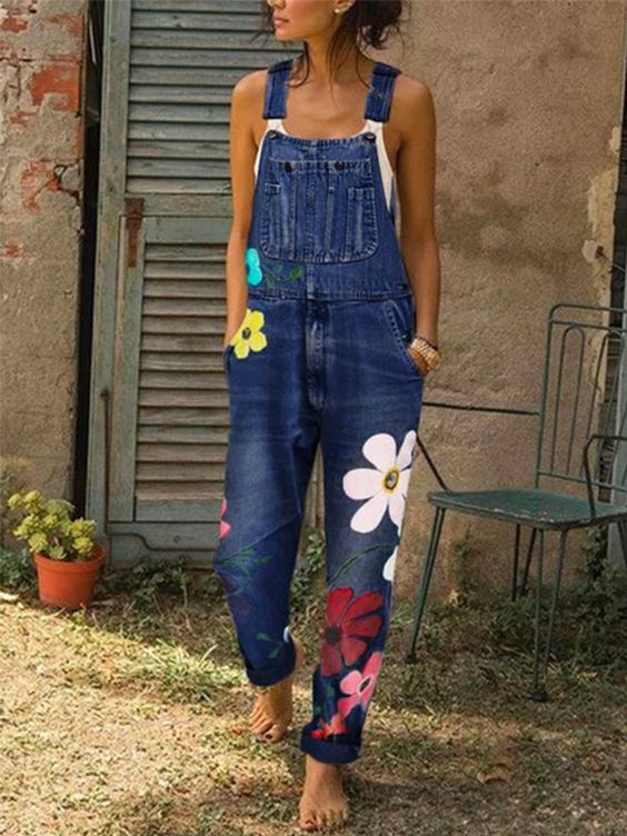 NOUVEAU RICHE Ärmelloser Vintage Denim Overall Mit Blumenstickerei Dunkelblau