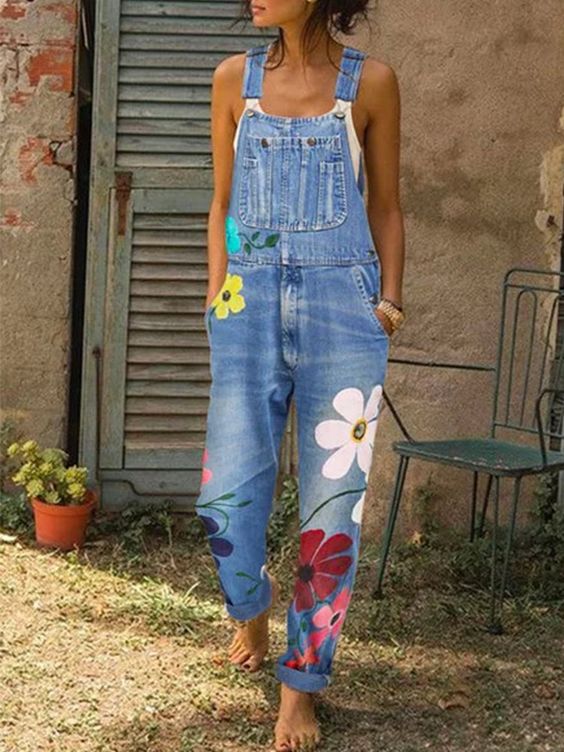 NOUVEAU RICHE Ärmelloser Vintage Denim Overall Mit Blumenstickerei Hellblau