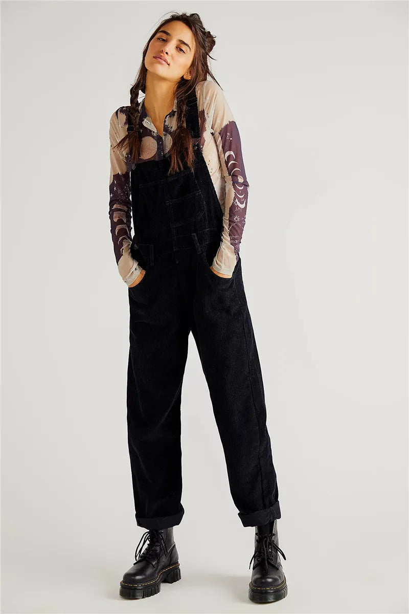 NOUVEAU RICHE Cord Overall Damen Lässiger Komfort Verstellbare Träger Schwarz