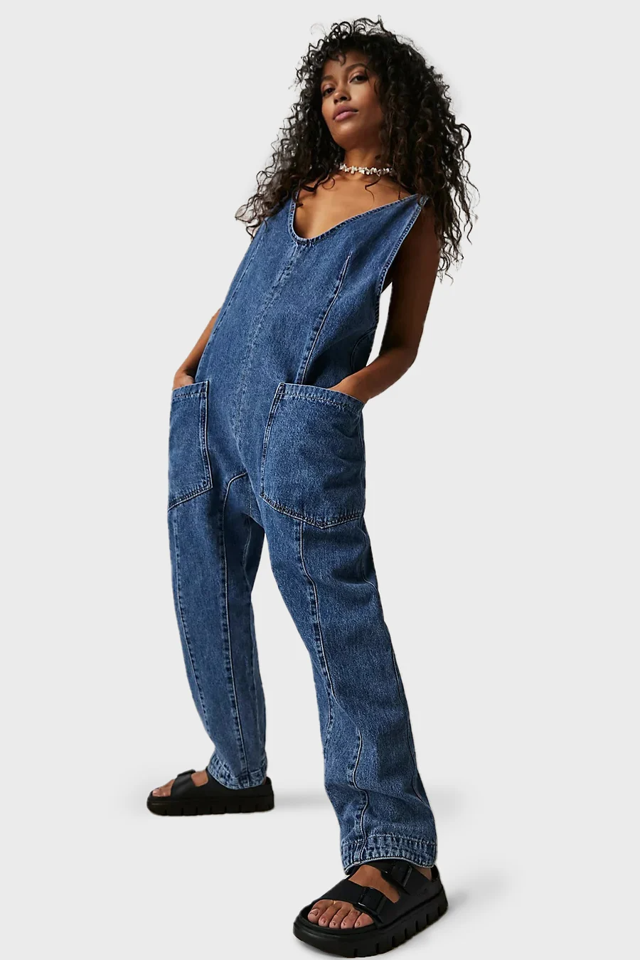 NOUVEAU RICHE Lässiger Denim Overall Damen Lockerer Schnitt Mit Taschen Dunkelblau