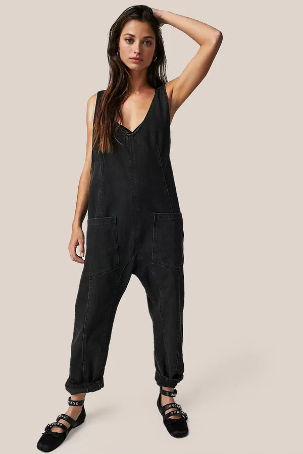 NOUVEAU RICHE Lässiger Denim Overall Damen Lockerer Schnitt Mit Taschen Schwarz