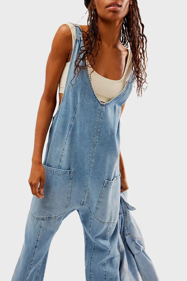 NOUVEAU RICHE Lässiger Denim Overall Damen Lockerer Schnitt Mit Taschen Blau