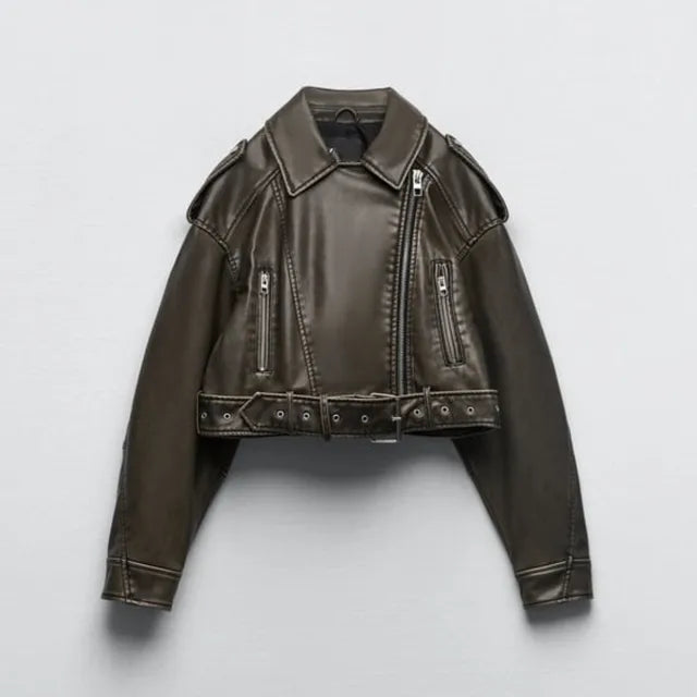 NOUVEAU RICHE Damen Kurze Bikerjacke Moderne Übergangsjacke Grün