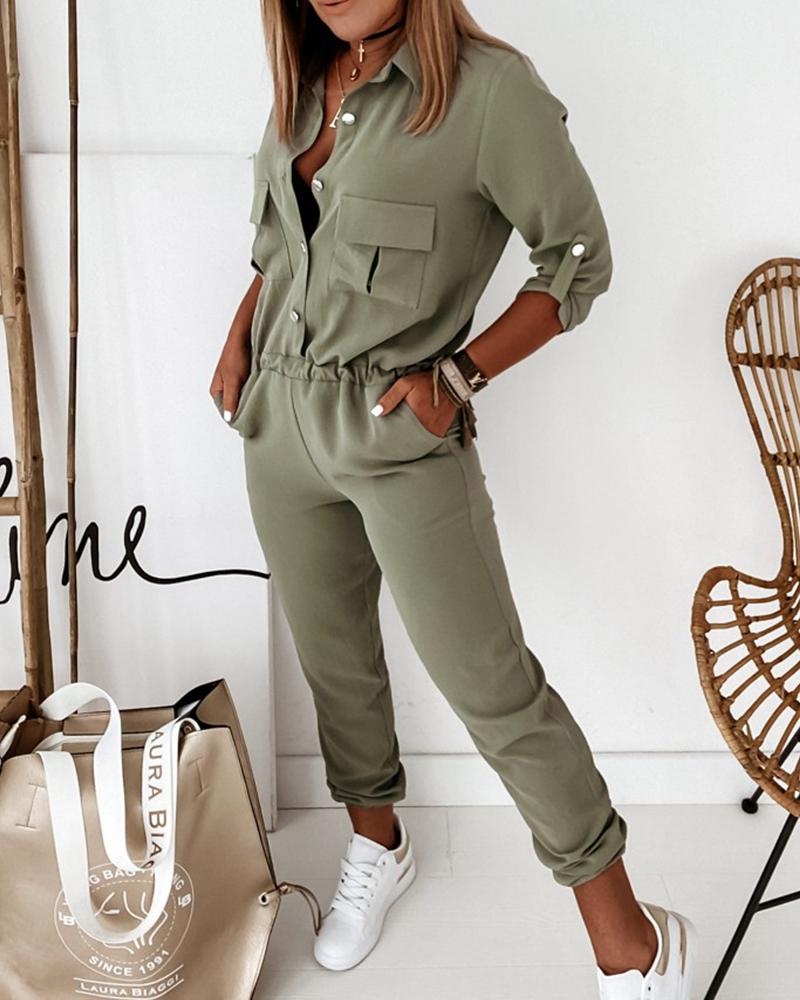 NOUVEAU RICHE Grüner Damen Jumpsuit Overall Mit Umschlagenem Kragen Grün