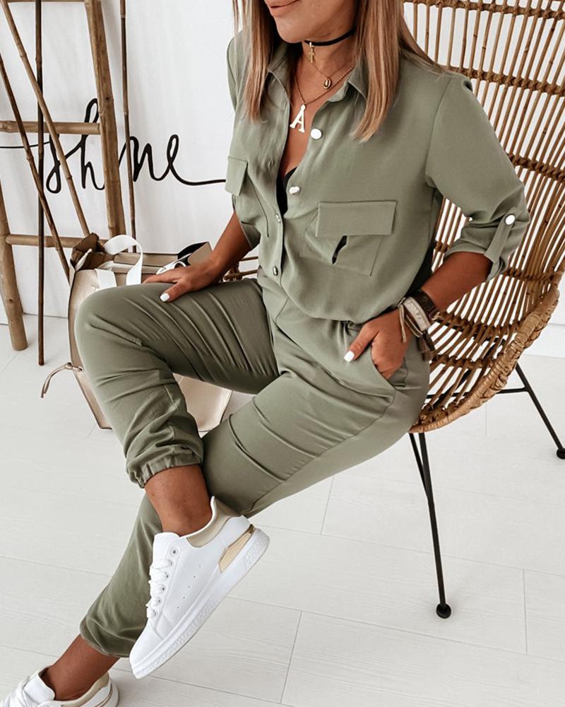 NOUVEAU RICHE Grüner Damen Jumpsuit Overall Mit Umschlagenem Kragen