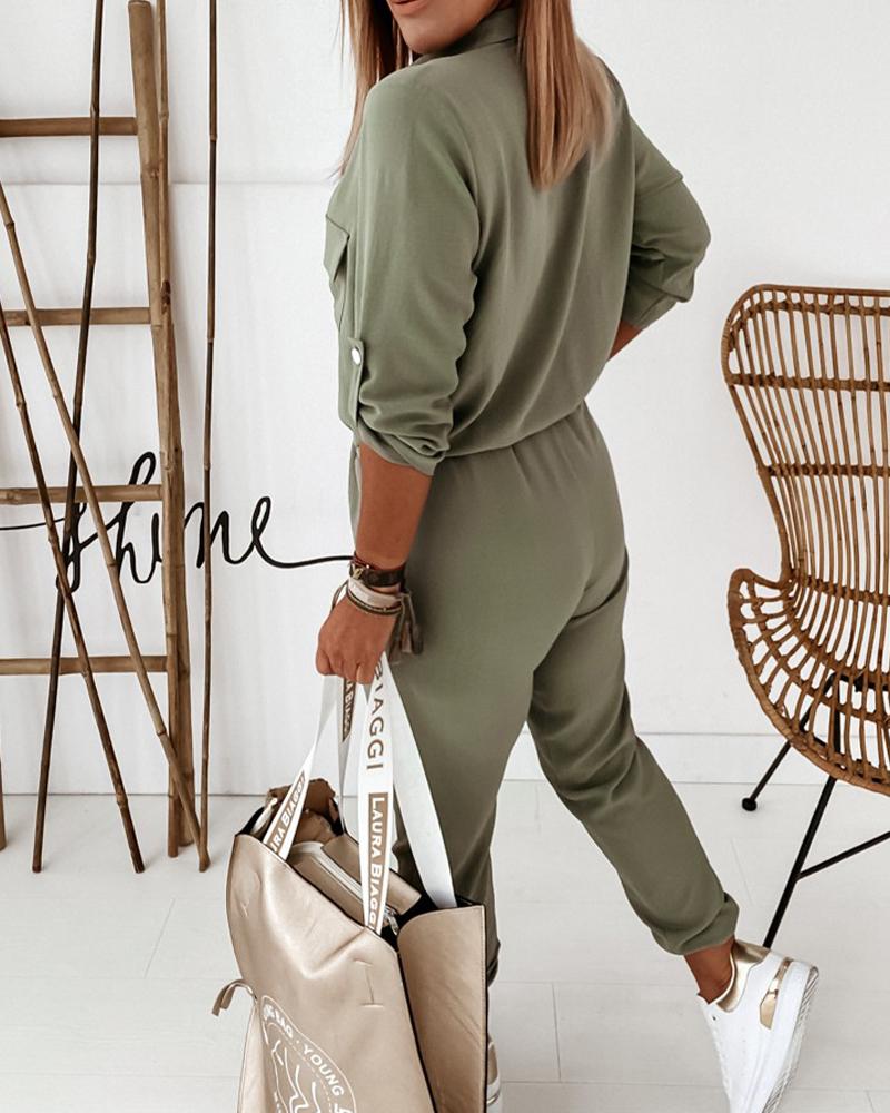NOUVEAU RICHE Grüner Damen Jumpsuit Overall Mit Umschlagenem Kragen