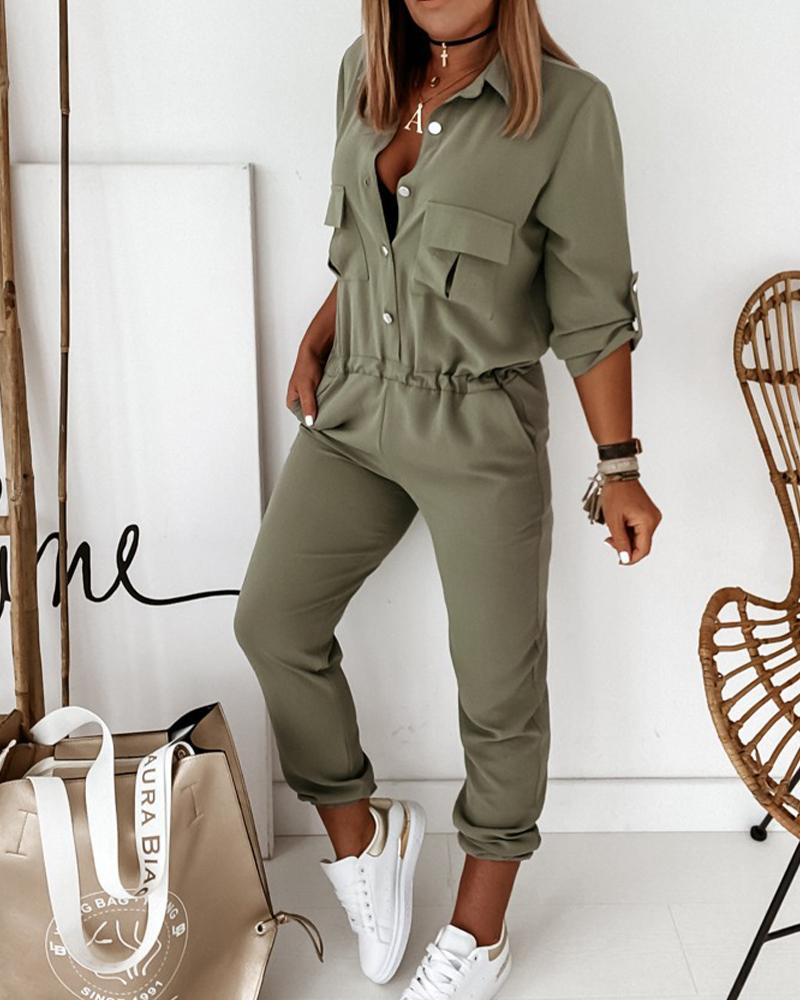 NOUVEAU RICHE Grüner Damen Jumpsuit Overall Mit Umschlagenem Kragen