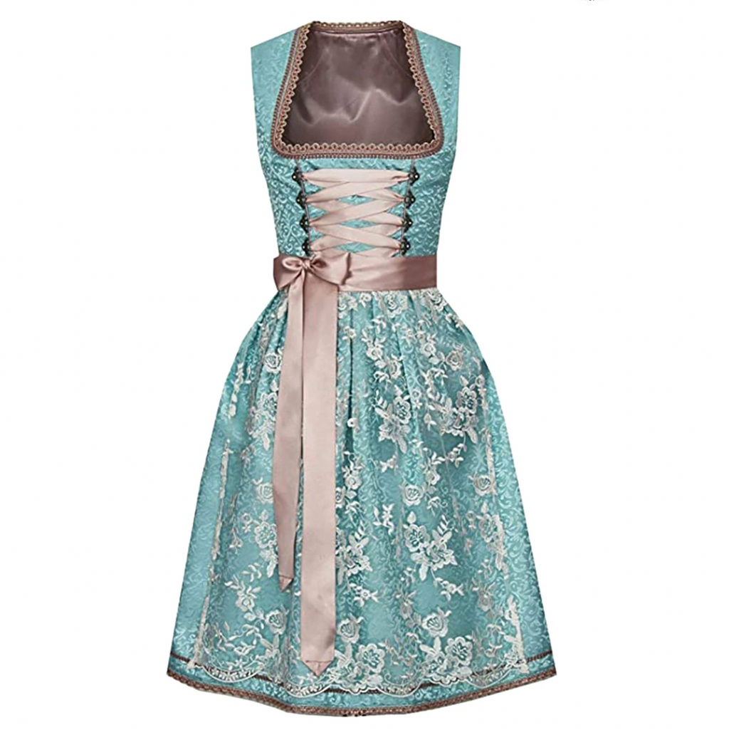 NOUVEAU RICHE Damen Dirndl Satin Polyester Rosa Smaragdgrün Schürze Größen S, M, L, XL, 2XL Türkis-Rosé