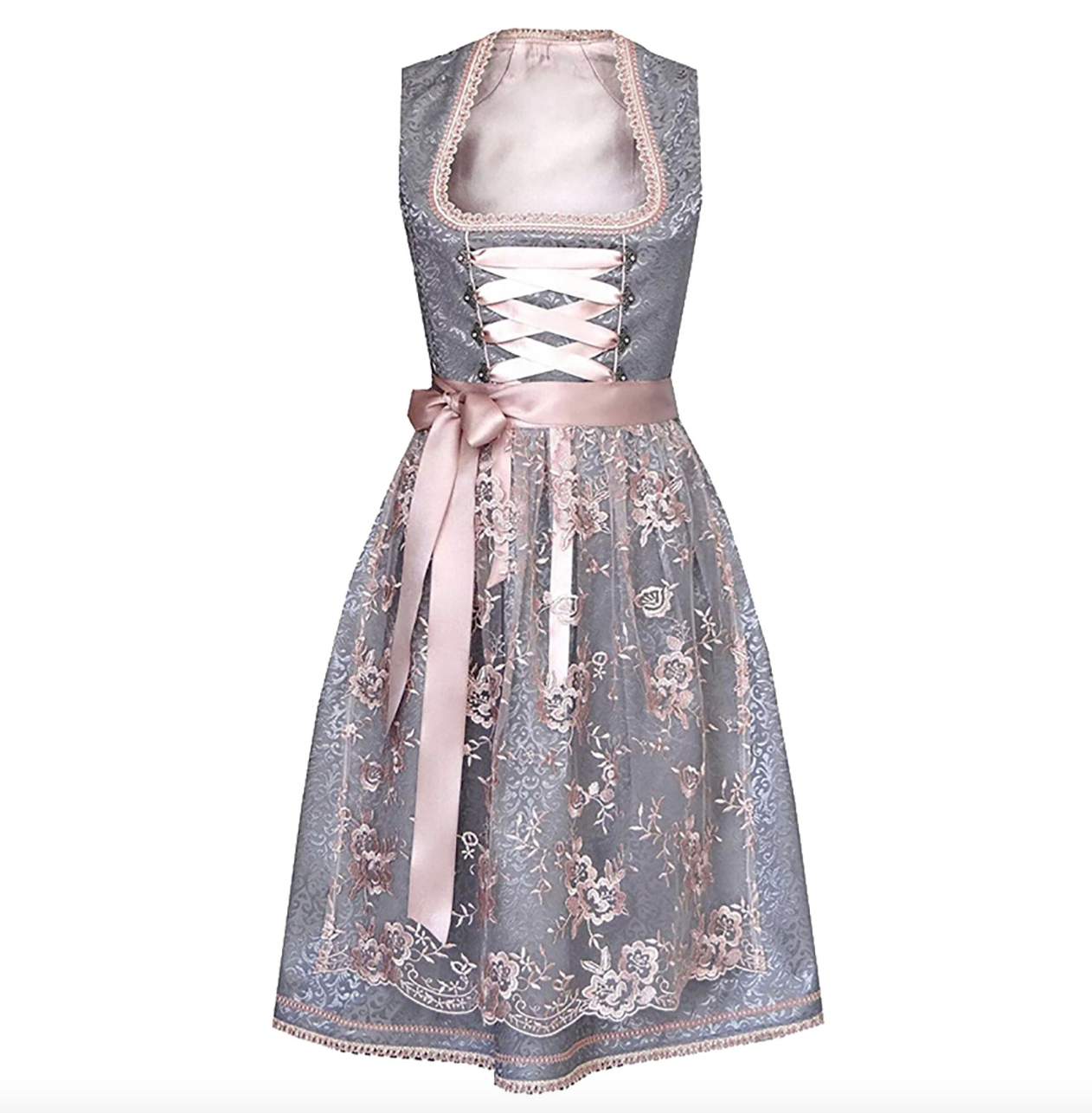 NOUVEAU RICHE Damen Dirndl Satin Polyester Rosa Smaragdgrün Schürze Größen S, M, L, XL, 2XL Grau-Rosé