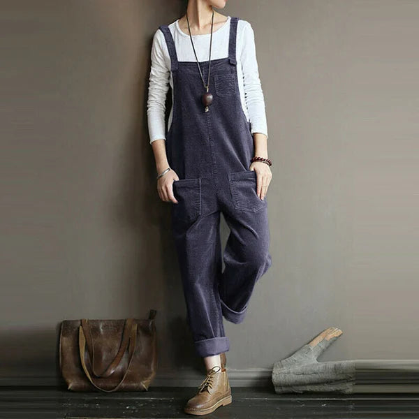 NOUVEAU RICHE Ärmelloser Cord Jumpsuit Lässige Weite Lange Hosen Sommer Dunkelblau