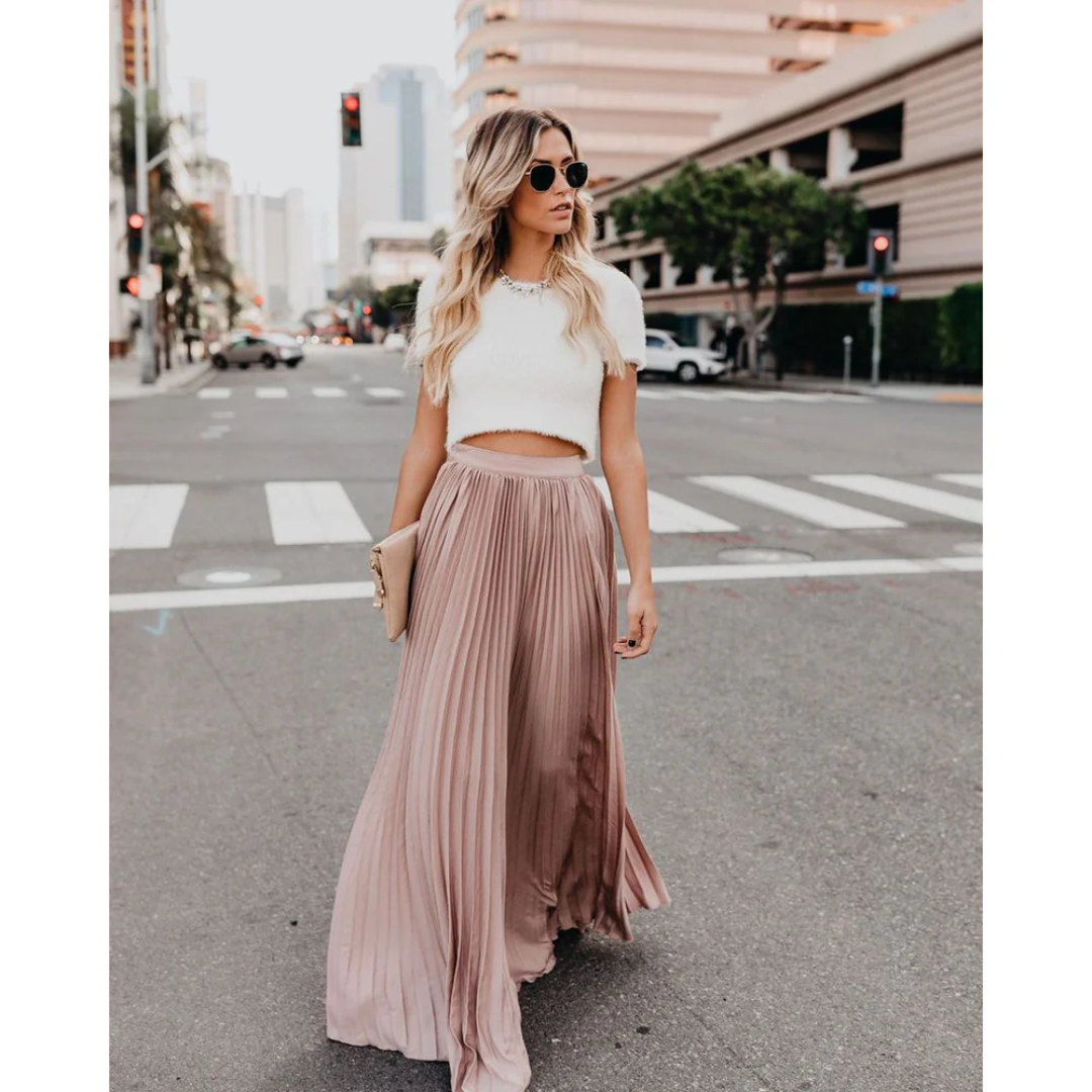 NOUVEAU RICHE Damen Eleganter Plissierter Langer Rock Zeitlos Fließende Silhouette Rosa