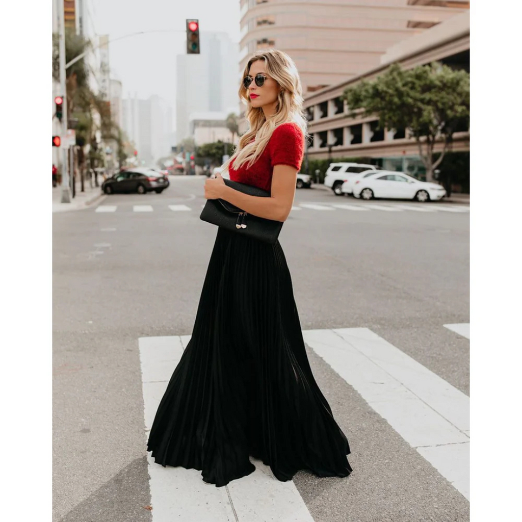 NOUVEAU RICHE Damen Eleganter Plissierter Langer Rock Plissee-Falten Zeitlos Schwarz