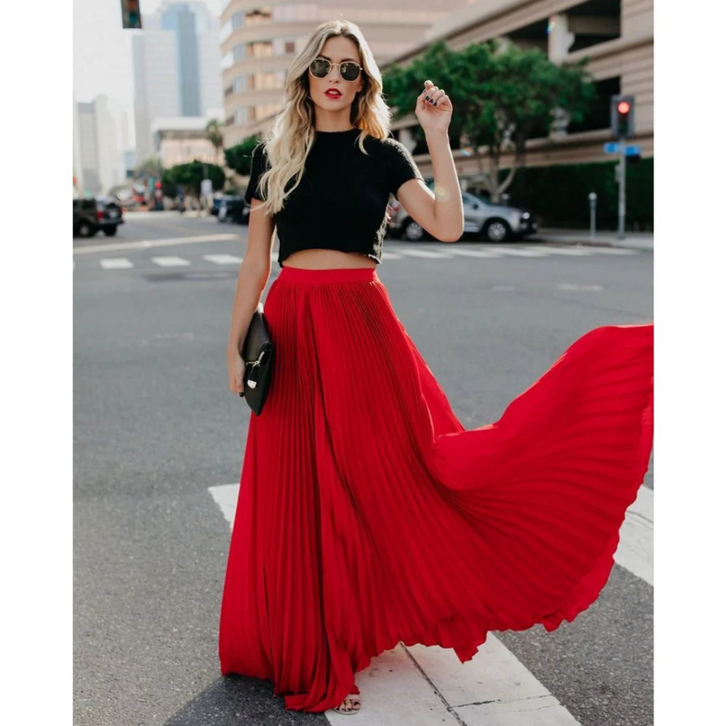 NOUVEAU RICHE Damen Eleganter Plissierter Langer Rock Plissee-Falten Zeitlos Rot