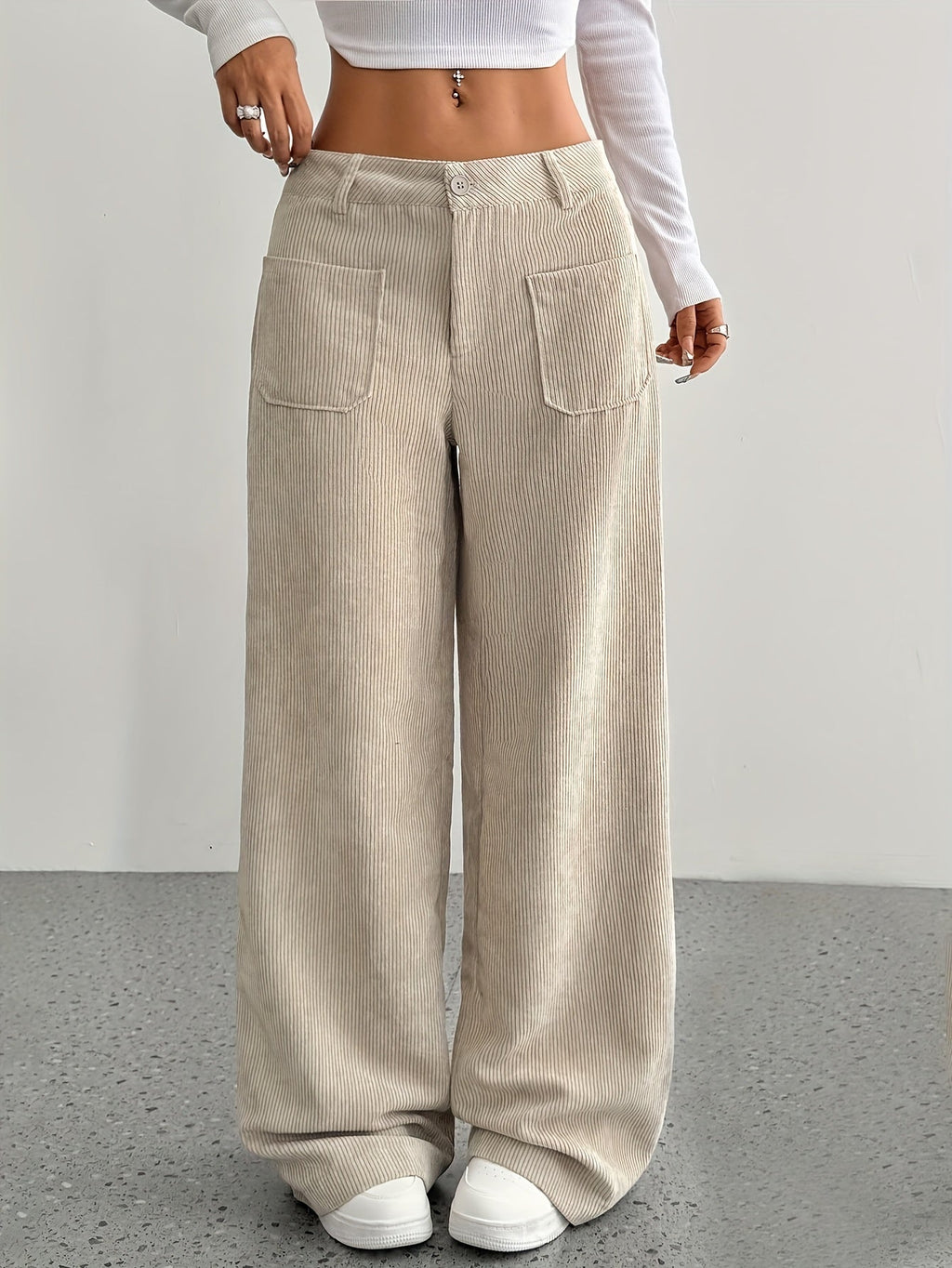 NOUVEAU RICHE Damen Cordhose Weites Bein Herbst Stilvolle Komforthose Khaki