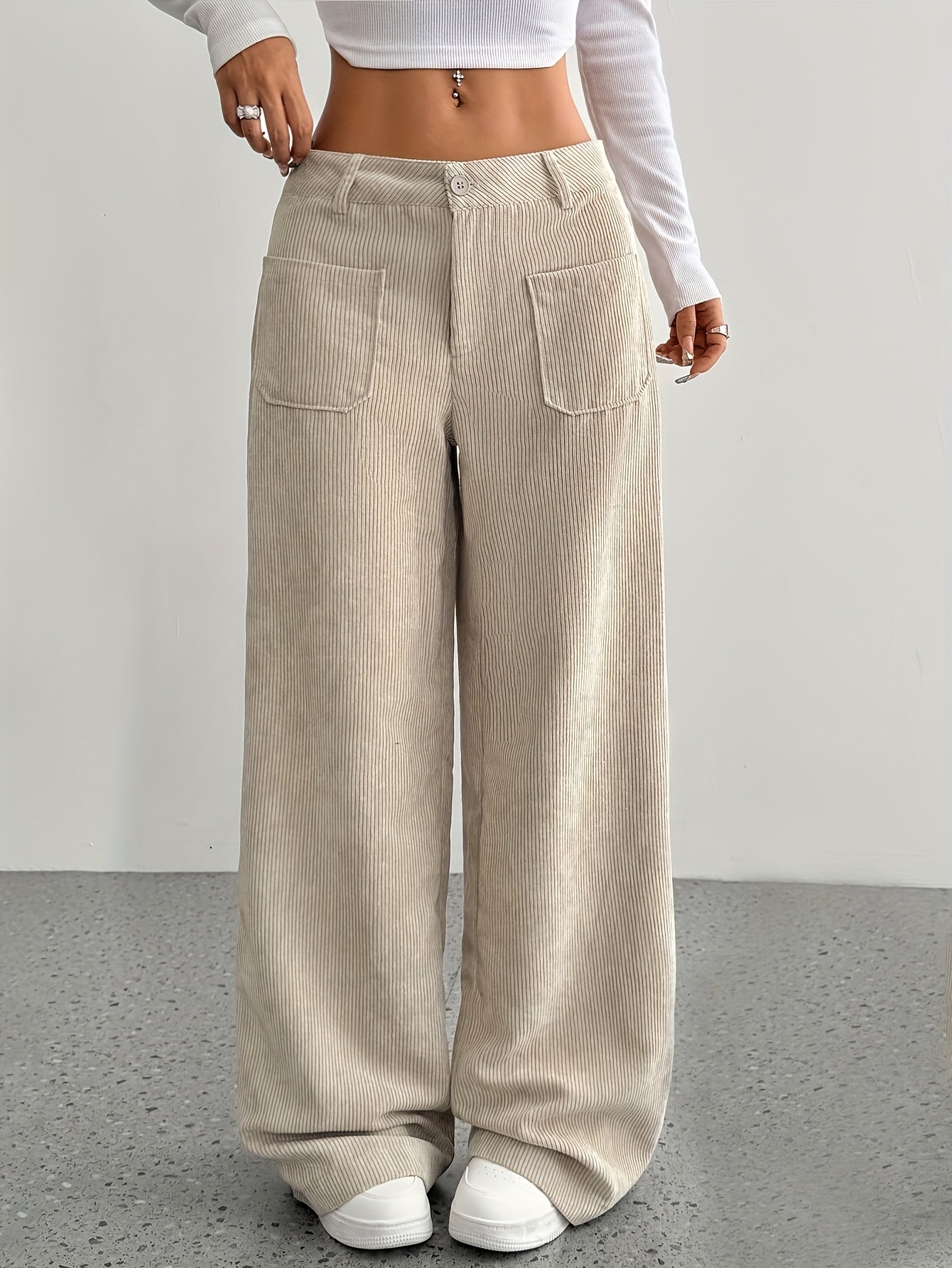 NOUVEAU RICHE Damen Cordhose Weites Bein Herbst Stilvolle Komforthose Khaki
