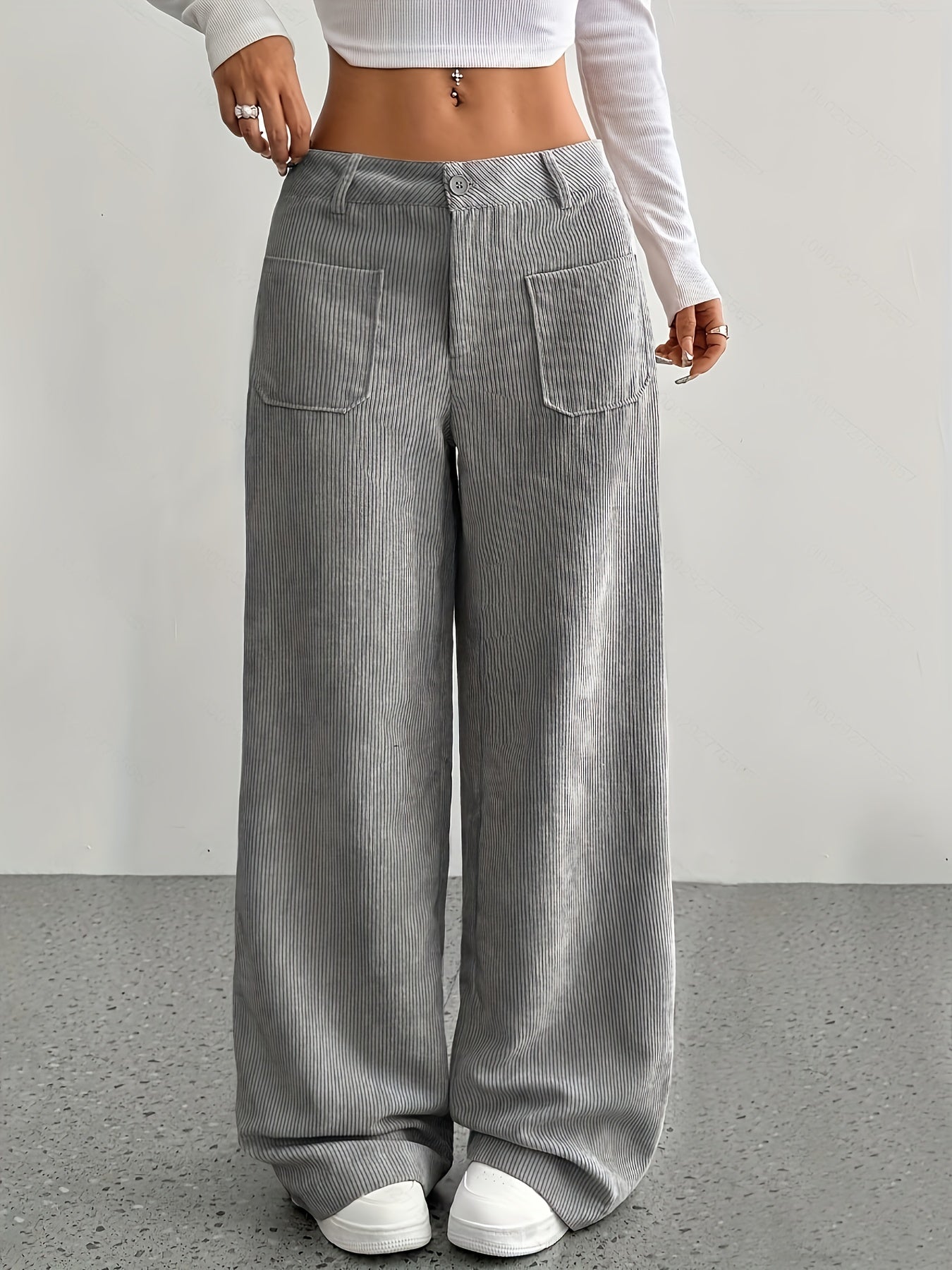 NOUVEAU RICHE Damen Cordhose Weites Bein Herbst Stilvolle Komforthose Grau