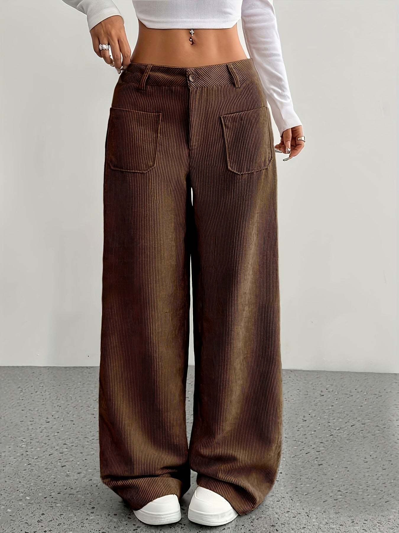 NOUVEAU RICHE Damen Cordhose Weites Bein Herbst Stilvolle Komforthose Braun