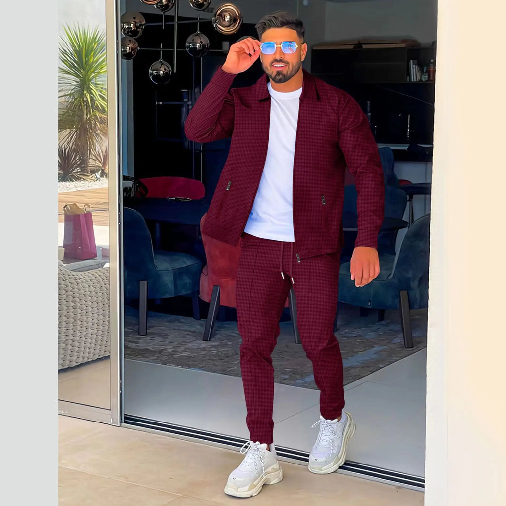 NOUVEAU RICHE Herren Casual Blazer Set Polyester Waffel Rundhals Hose Weinrot