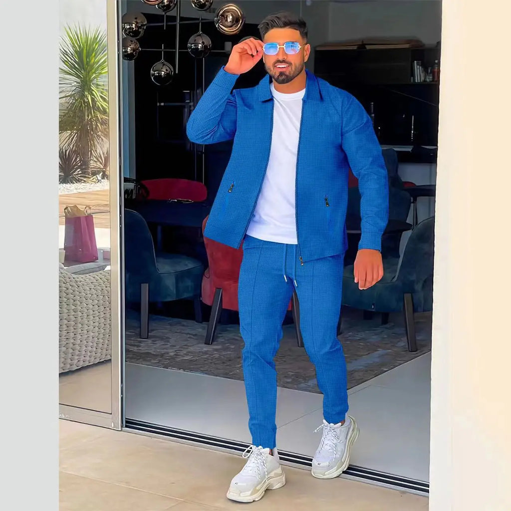 NOUVEAU RICHE Herren Casual Blazer Set Polyester Waffel Rundhals Hose Königsblau