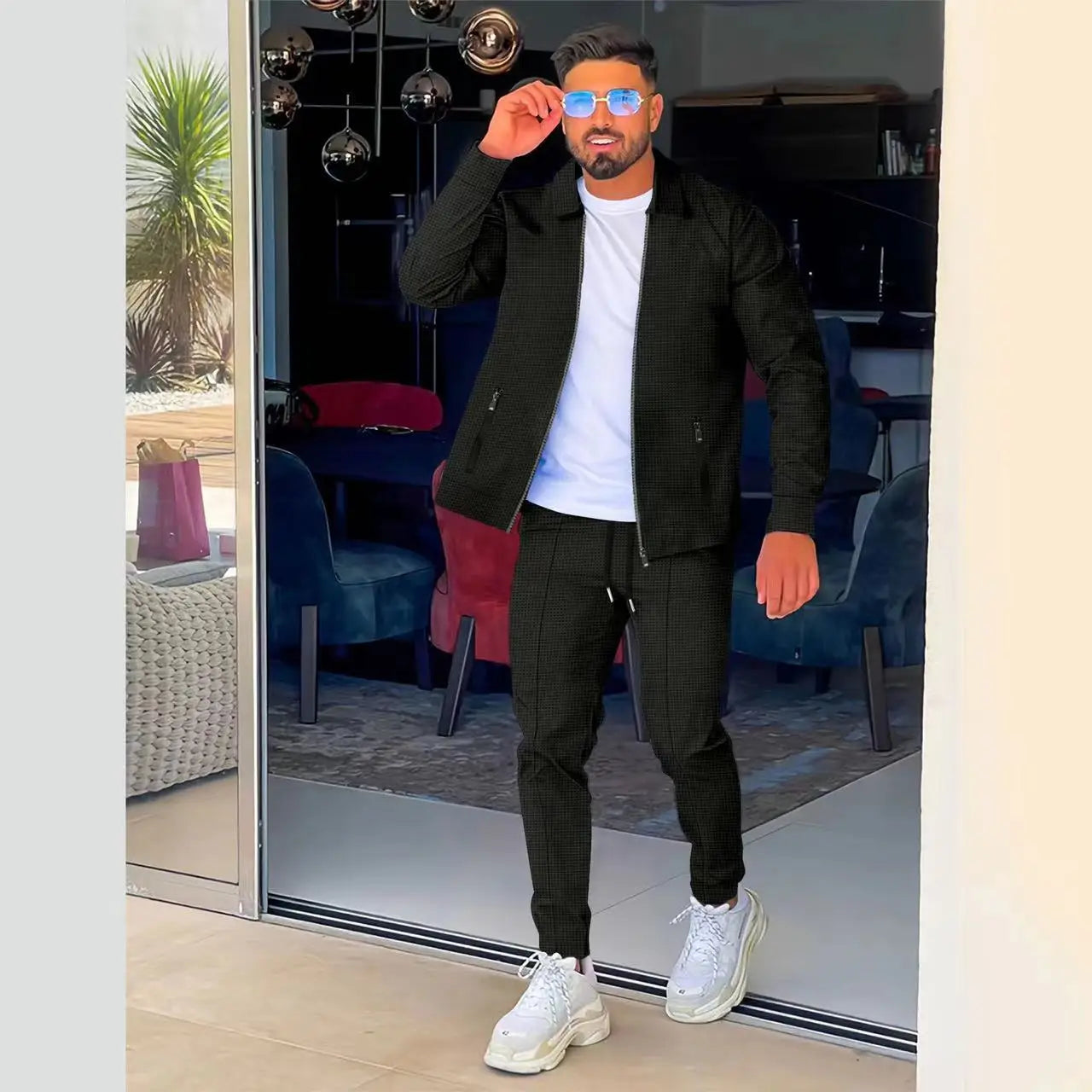 NOUVEAU RICHE Herren Casual Blazer Set Polyester Waffel Rundhals Hose schwarz