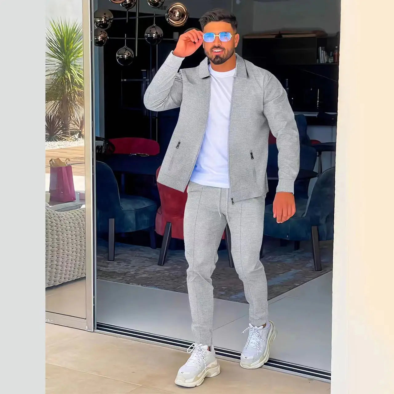 NOUVEAU RICHE Herren Casual Blazer Set Polyester Waffel Rundhals Hose grau