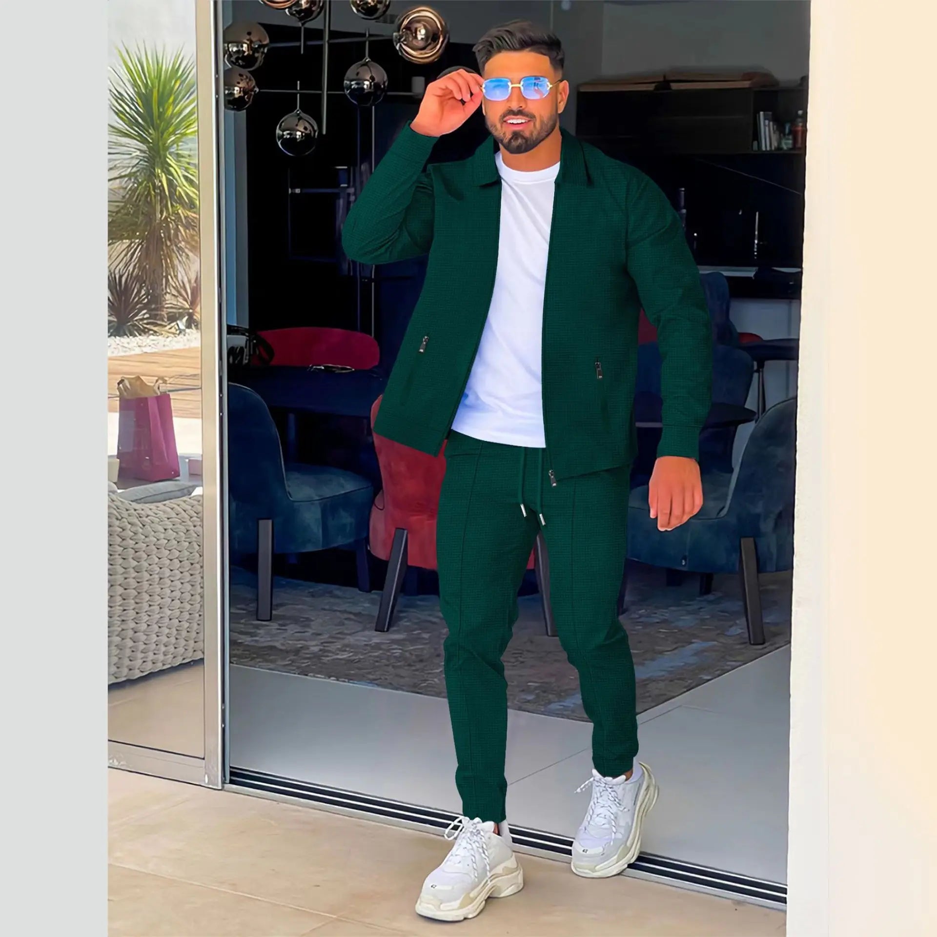 NOUVEAU RICHE Herren Casual Blazer Set Polyester Waffel Rundhals Hose Dunkelgrün