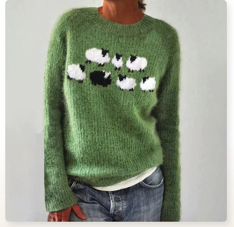 NOUVEAU RICHE Herbstlicher Retro-Pullover Farbenfrohen Nordisch Inspirierten Design Grün